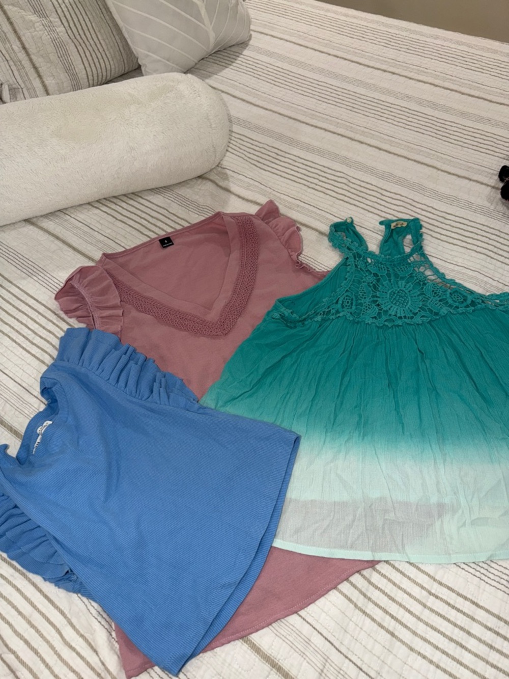Three Women's Tops - Pink V-Neck, Blue Ruffle Sleeve, Teal Ombre Crochet